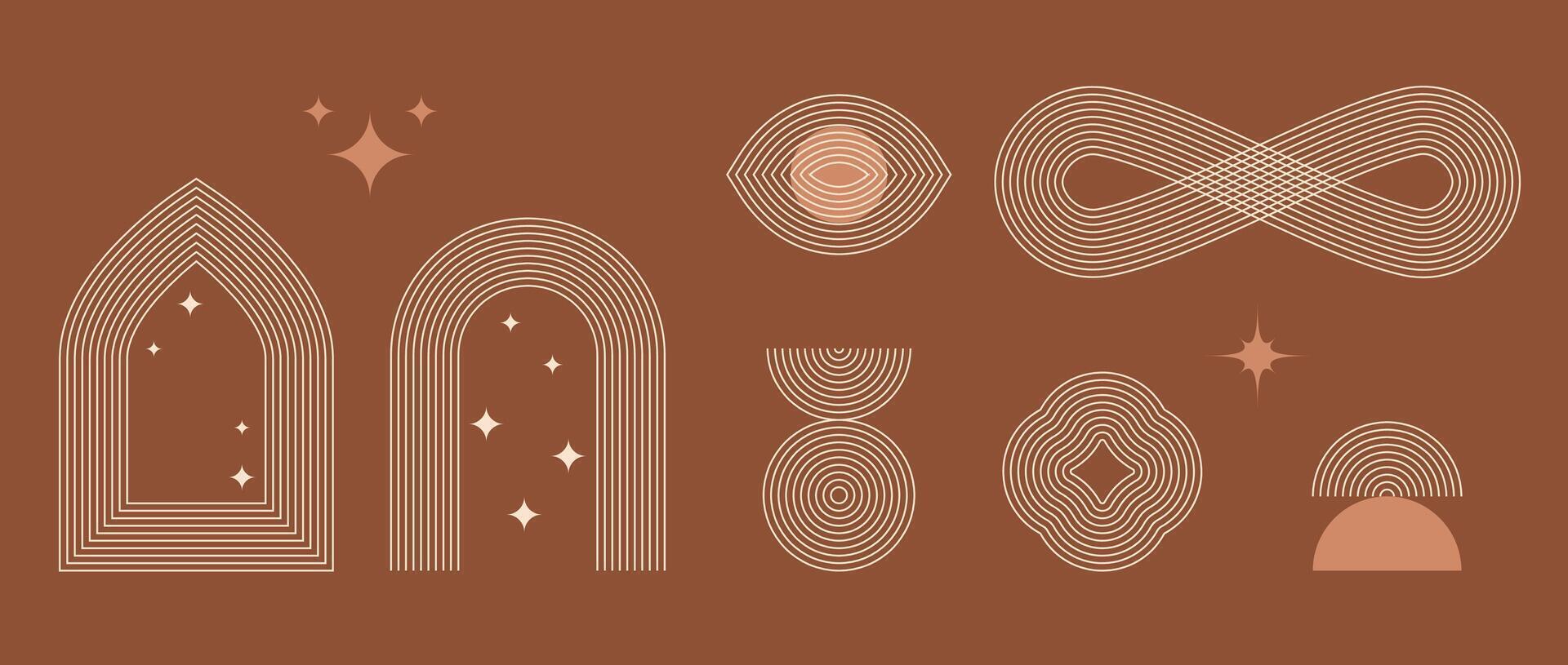 Boho style linear frame element collection. Terracotta design forms with stars and arcs. Bohemian decorative ornamental border shapes for badge, icon, card, poster, banner, template. vector