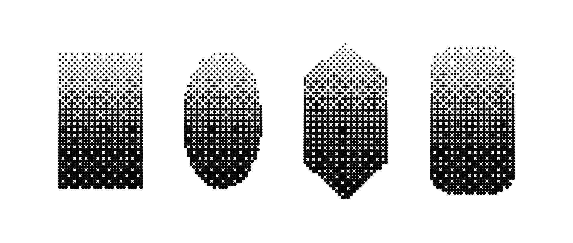 Geometric shapes bitmap set. Dither gradient forms collection. Oval, rectangles, diamond elements design elements for poster, banner, collage, booklet, brochure. Abstract pixelated shapes pack. vector