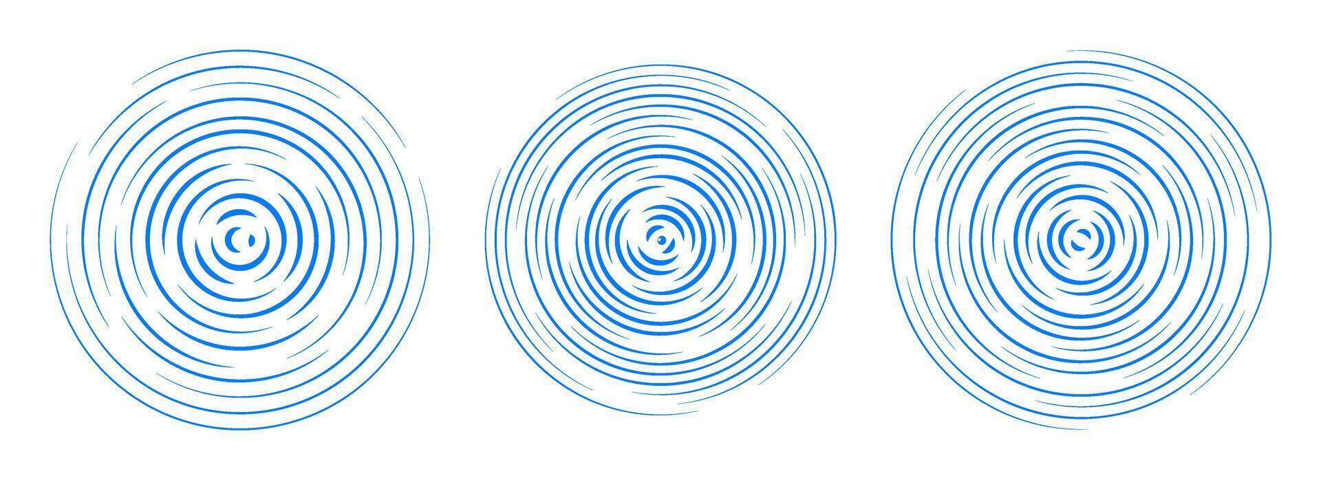 Blue concentric circle segments set. Rippled round patten background. Water or sound wave rings collection. Epicenter, target, radar icon concept. Radial signal or vibration elements. vector