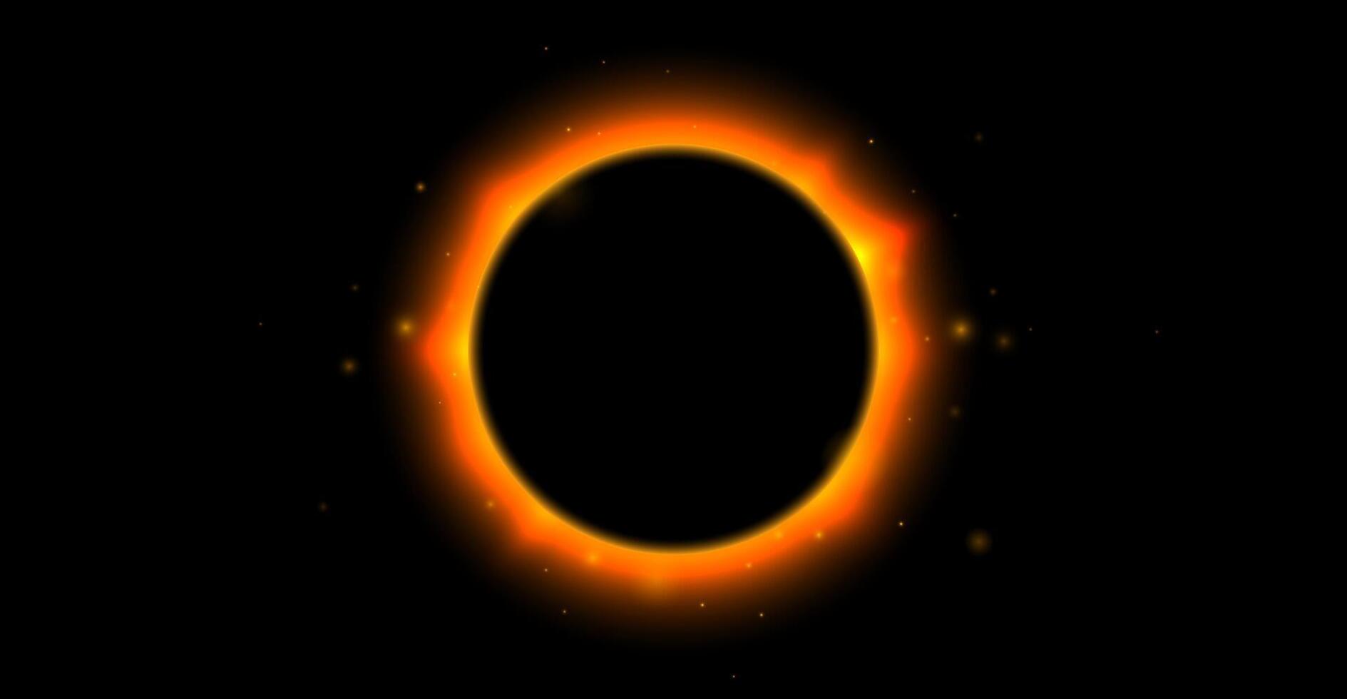 Sun full eclipse concept. Red orange solar glow background. Moon or planet total eclipse in dark space. Hot star surface flare with rays and beams effects. vector