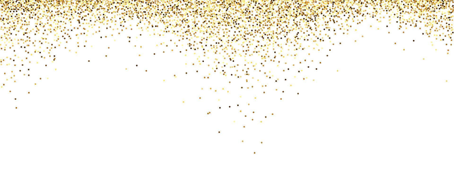 Golden glitter background. Falling small confetti texture. Sparkling gold dots wallpaper. Border frame design element for posters, flyer, invitation. Christmas, New year, birthday decor. vector