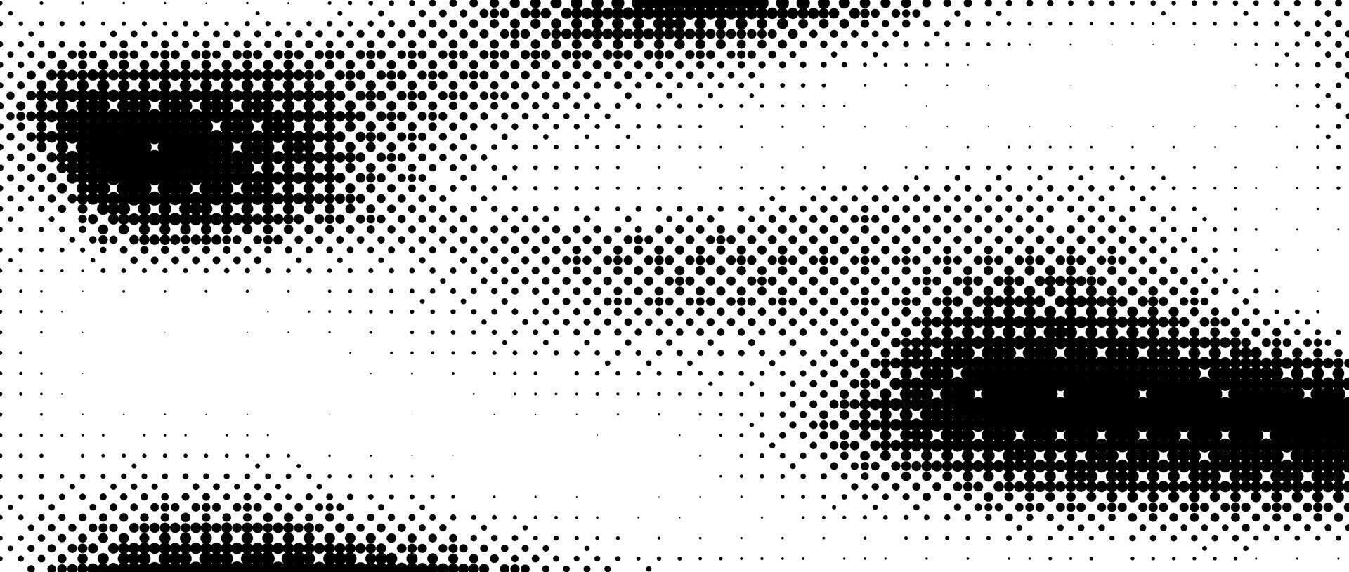 Pixelated bitmap gradient texture. Black and white wavy dither pattern background. Abstract glitchy pattern. 8 bit game screen wallpaper. Wide pixel art retro illustration. vector