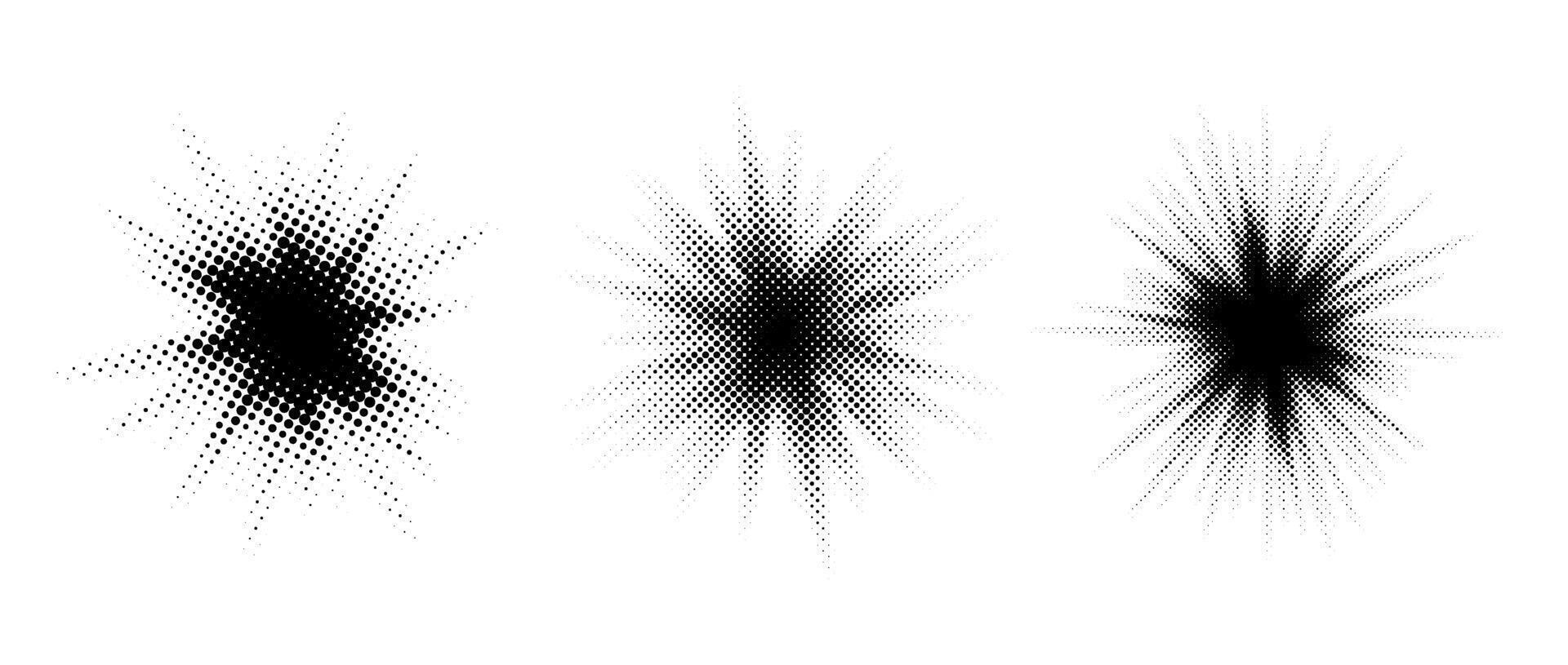 Halftone burst element set. Pop art dotted explosion blast collection. Comic light star glow. Black grunge texture effect. Abstract retro shine star flare for decoration. Pixelated splash pack vector