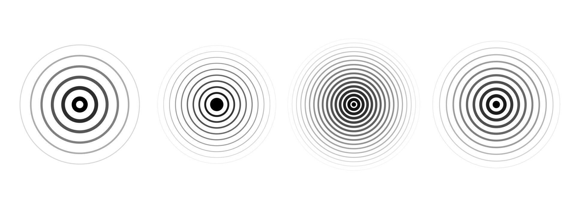 Black concentric ripple circles set. Linear sound wave rings collection. Epicenter, target, radar, sonar icon concept. Radial signal or vibration elements. Halftone illustration vector