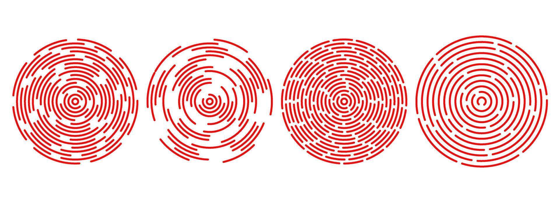 Red concentric ripple circles set. Sonar or sound linear wave rings collection. Epicentre, target, radar icon concept. Radial signal or vibration elements. Halftone line illustration vector