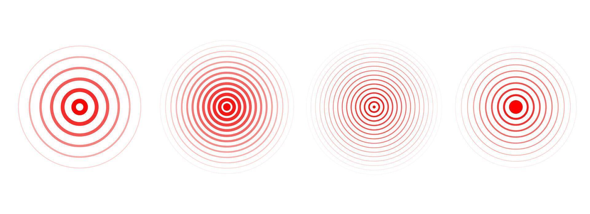 Red concentric ripple circles set. Sonar or sound wave rings collection. Epicentre, target, radar icon concept. Radial signal or vibration elements. Halftone illustration vector