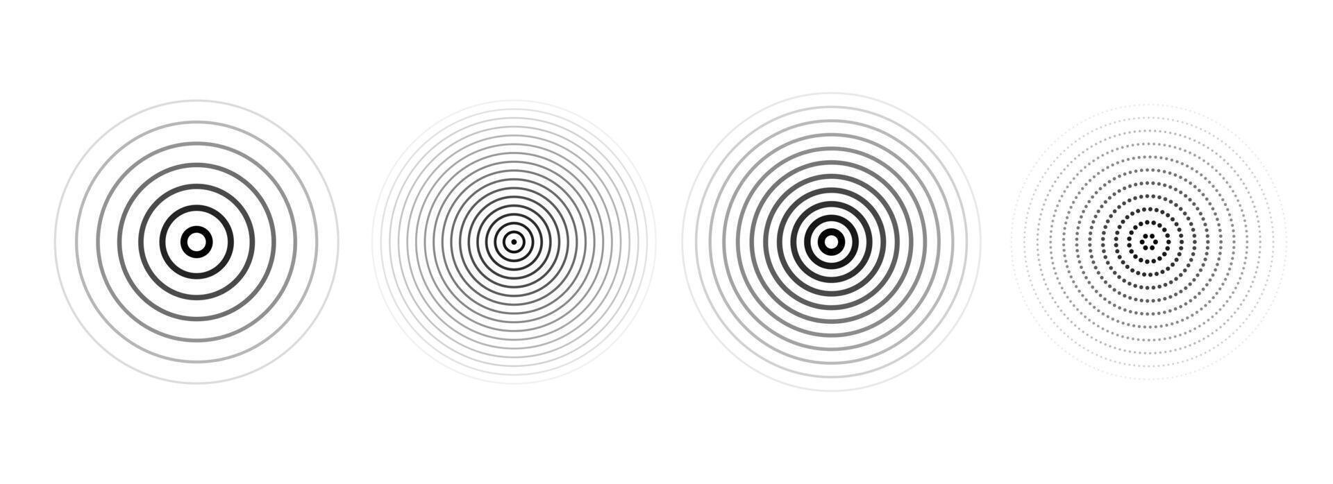 Black concentric ripple circles set. Dotted or linear sound wave rings collection. Epicenter, target, radar, sonar icon concept. Radial signal or vibration elements. Halftone illustration vector