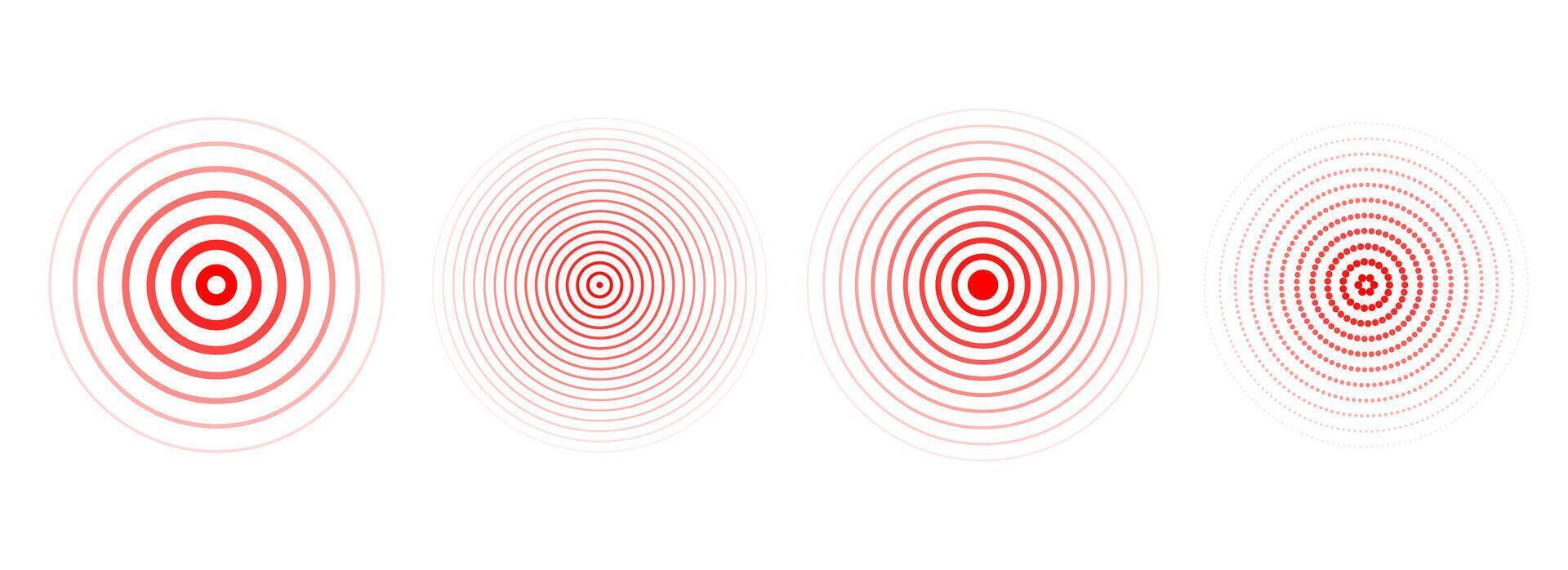 Red concentric ripple circles set. Sonar or sound wave rings collection. Epicentre, target, radar icon concept. Radial signal or vibration elements. Halftone line illustration vector