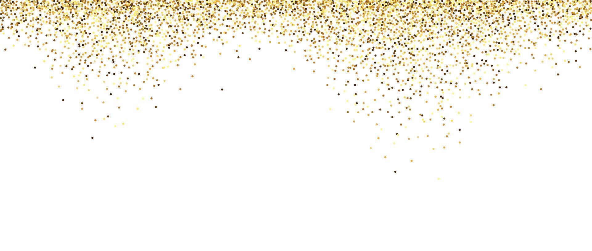 Golden glitter background. Falling small confetti texture. Sparkling gold dots wallpaper. Border frame design element for posters, flyer, invitation. Christmas, New year, birthday decoration. vector