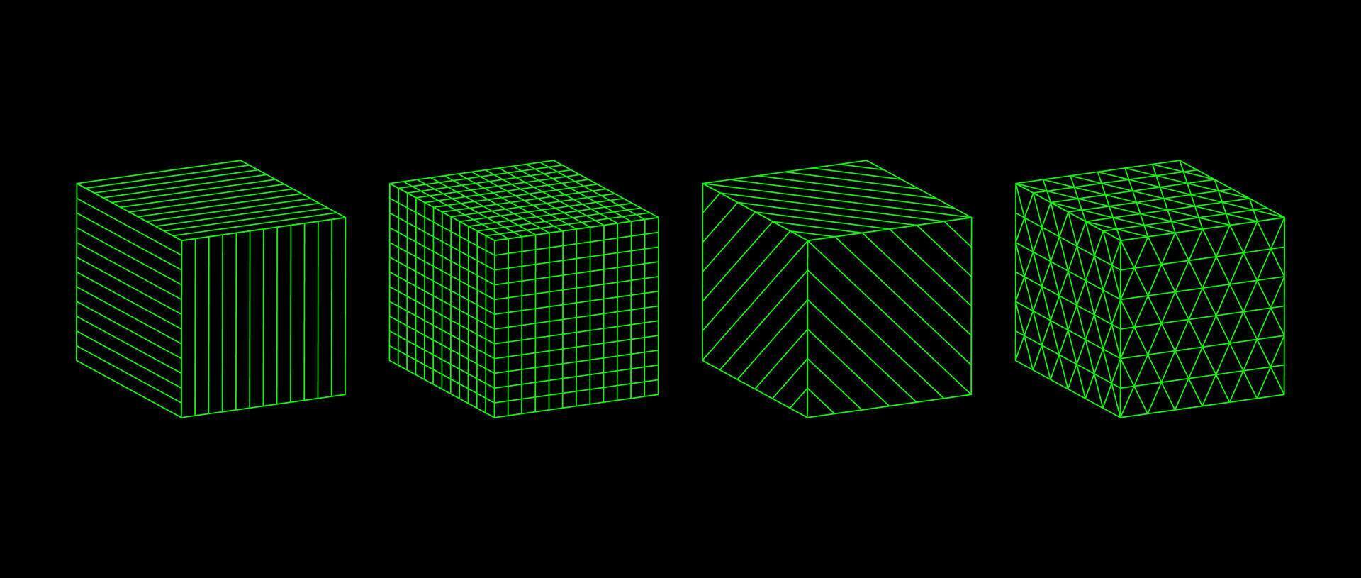 Neon green wireframe cubes collection. 3d outline shapes with different grid patterns. Geometric square elements for design template, icon, logo. Abstract box with lattice lines. vector