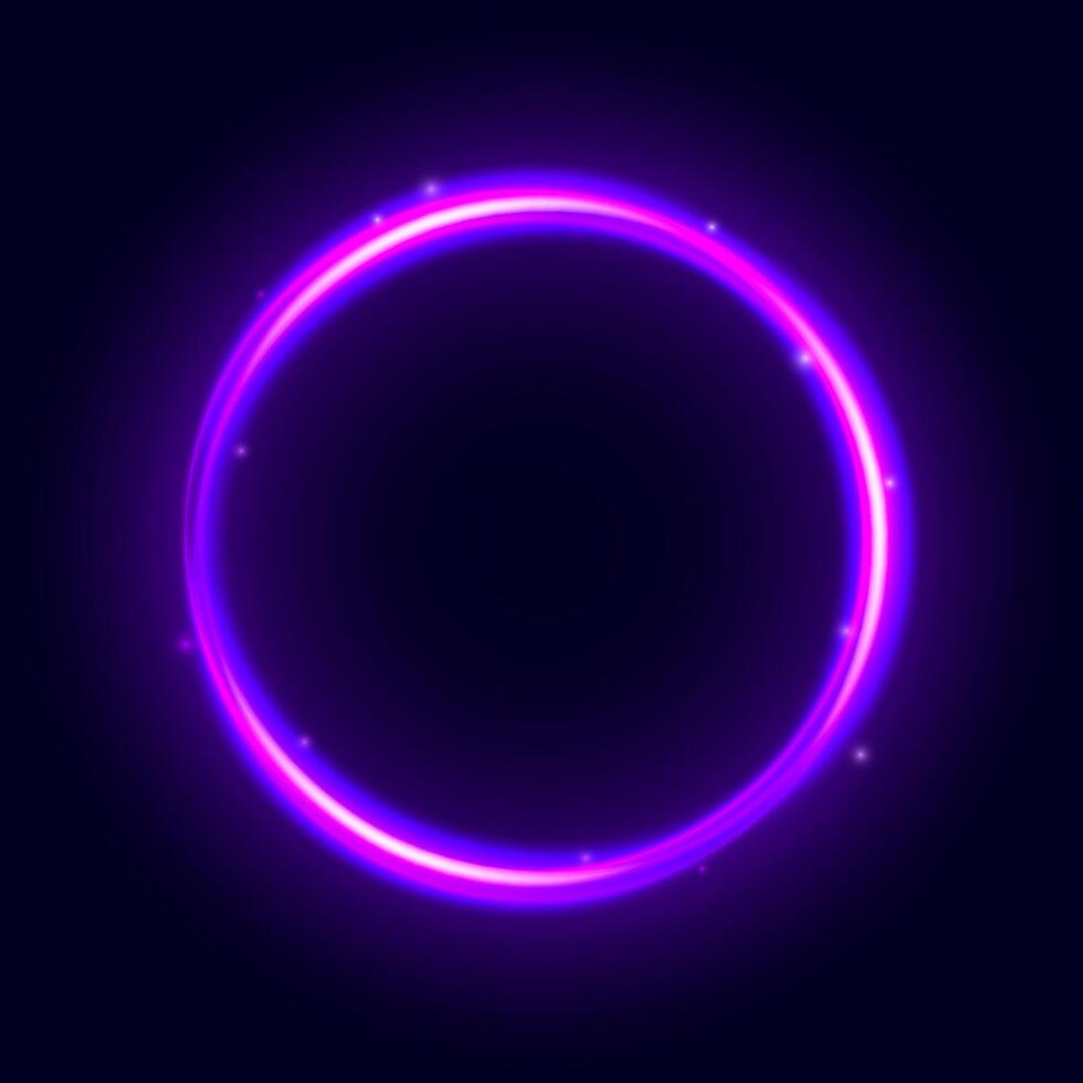 Purple neon circle frame. Glowing electric lights round form. Illuminated shining design element for banner, poster, cover. Circular radial flare with sparkles and sparks. vector