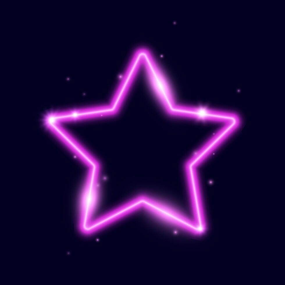 Pink neon star frame with sparks. Glowing electric lights form. Illuminated shining design element for banner, poster, cover. Bright lamp flare with sparkles. vector