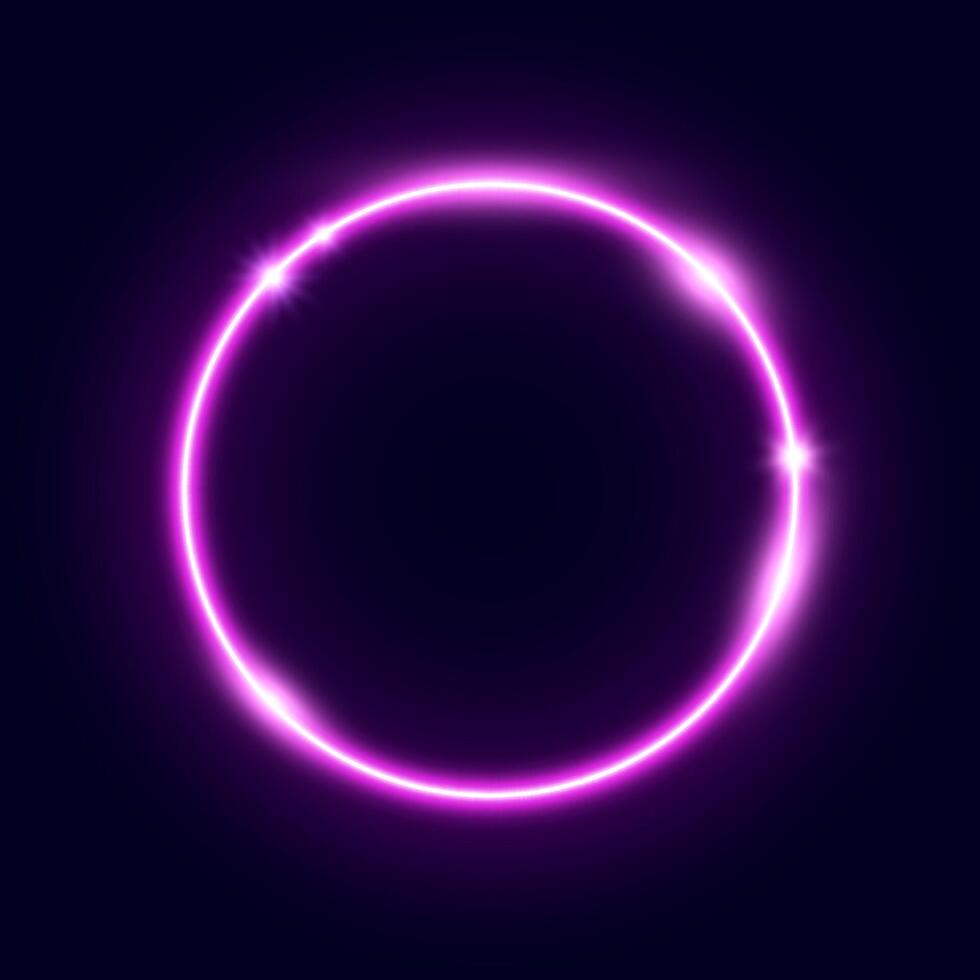 Bright pink neon circle frame. Glowing electric lights round form. Illuminated shining design element for banner, poster, cover. Purple radial circular flare. vector