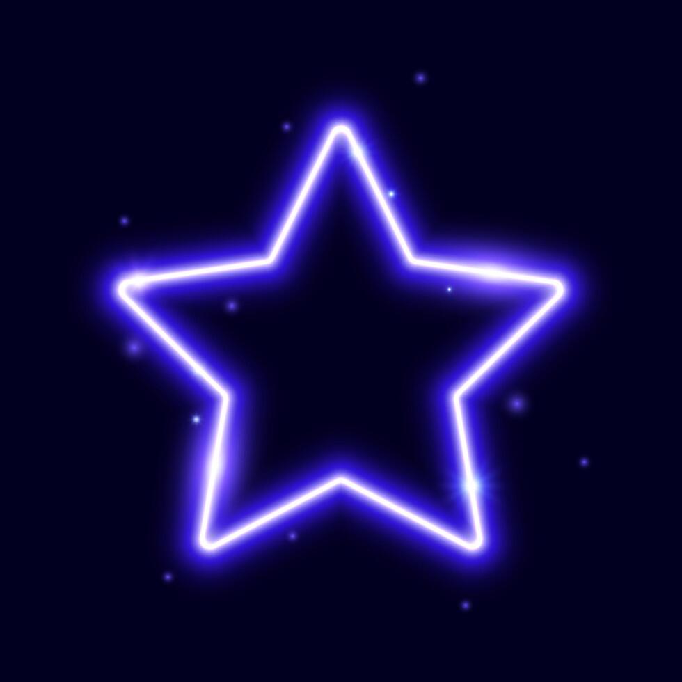 Purple neon star frame with sparks. Glowing electric lights form. Illuminated shining design element for banner, poster, cover. Bright lamp flare with sparkles. vector
