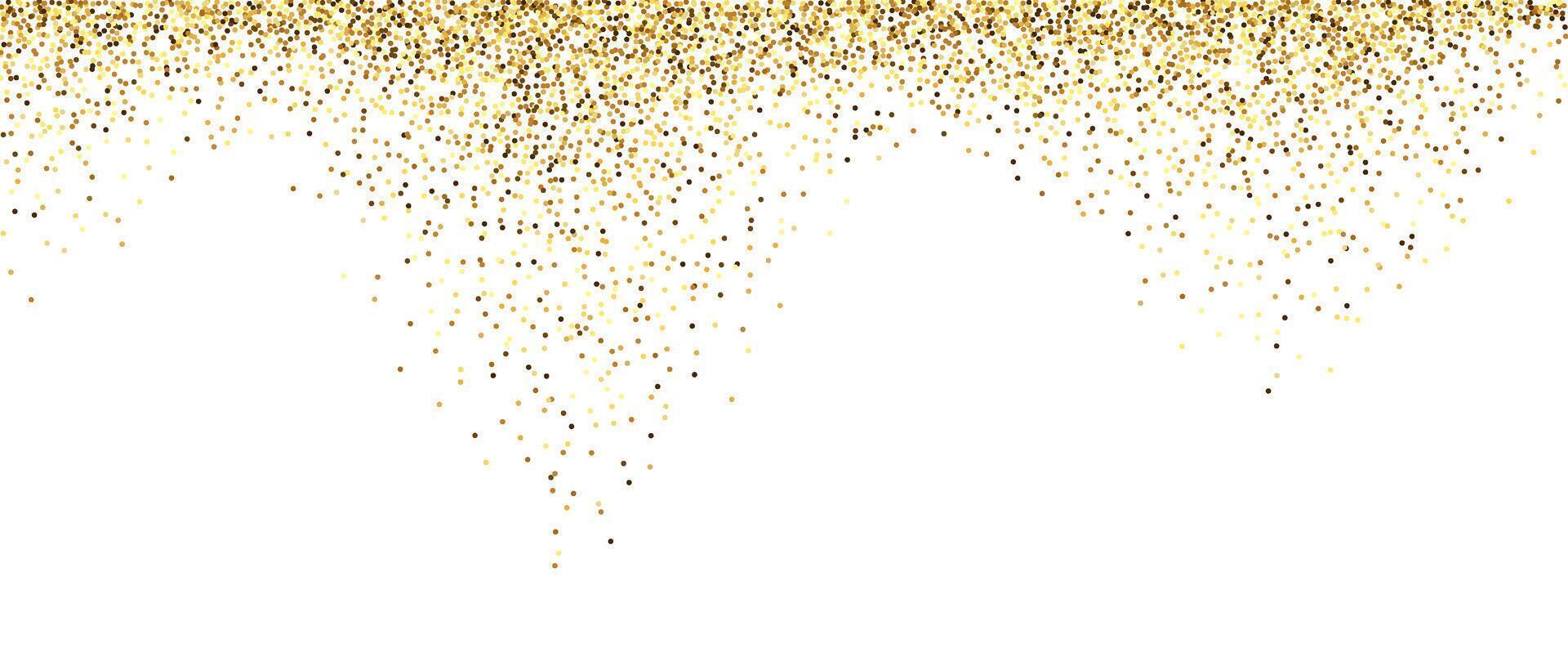 Golden glitter background. Falling small confetti texture. Sparkling gold dots wallpaper. Border frame design element for posters, flyer, invitation. Christmas, New year, birthday pattern. vector