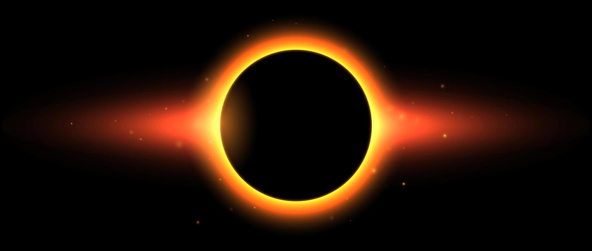 Sun full eclipse concept. Red orange solar glow background. Moon or planet total eclipse in dark space. Hot star surface flare with rays and beams effects. Aura illustration vector