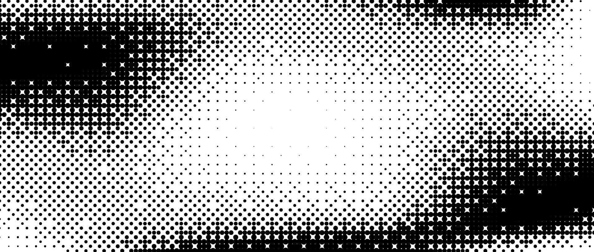 Pixelated bitmap gradient texture. Black and white wavy dither pattern background. Abstract radial glitchy pattern. 8 bit game screen wallpaper. Wide pixel art retro illustration. vector