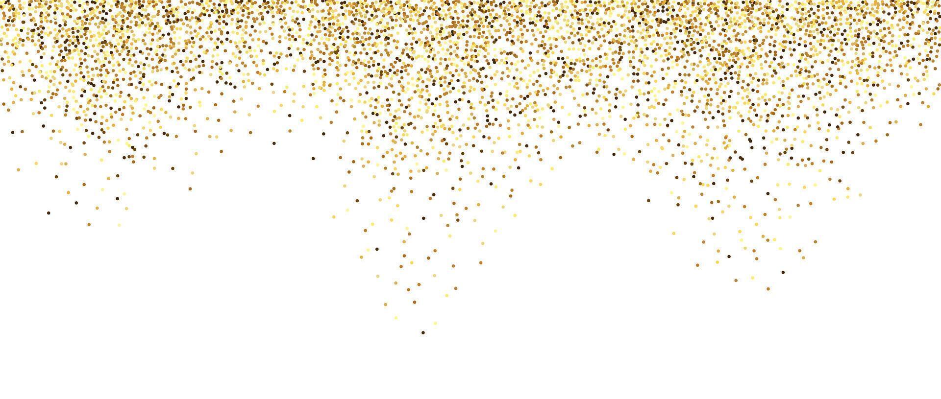 Golden glitter background. Sparkling small confetti wallpaper. Splashed gold dots texture. Border frame design element for posters, flyer, invitation, Christmas, New year, birthday decoration. vector