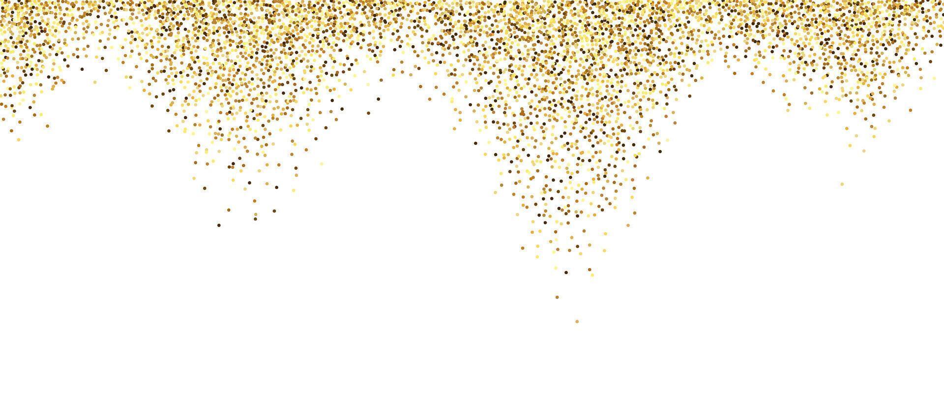 Golden glitter background. Falling small confetti wallpaper. Sparkling gold dots texture. Border frame design element for posters, flyer, invitation, Christmas, New year, birthday decoration. vector