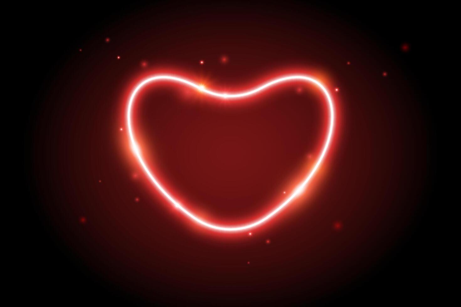 Neon glow heart frame. Illuminated red heart-shaped shape with sparks. Neon color lighting design element for banner, poster, collage. Shining sign with sparkles. vector