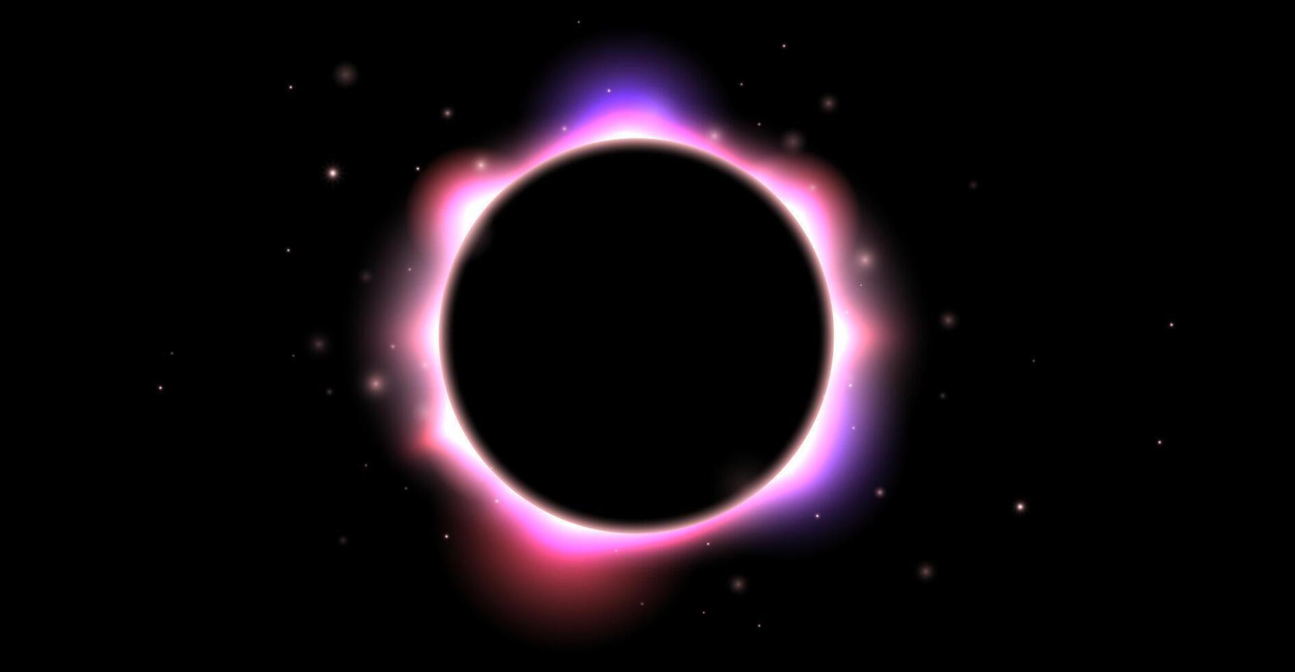 Iridescent round aura eclipse. Pink purple moon glow background. Sun or planet total eclipse in dark space. Star aurora flare with sparks and sparkles effects. vector