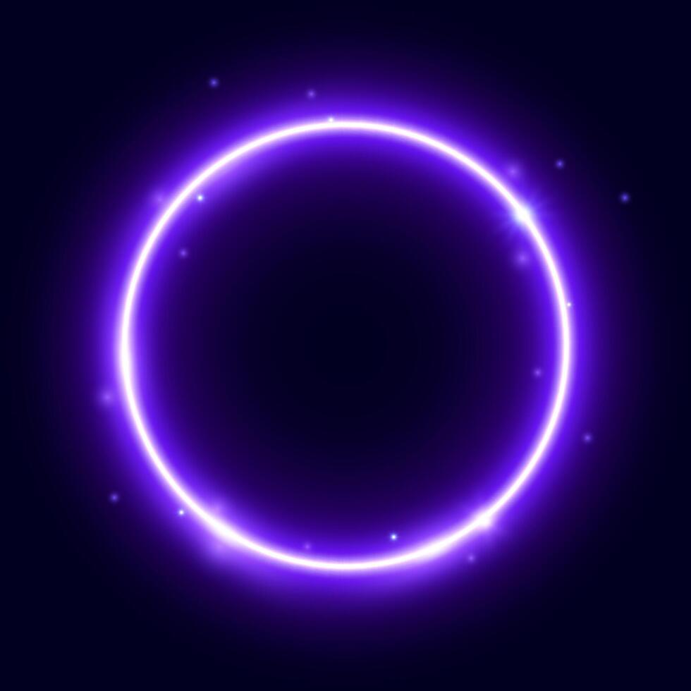 Purple neon circle frame with sparks. Glowing electric lights round form. Illuminated shining design element for banner, poster, cover. Circular radial flare with sparkles. vector