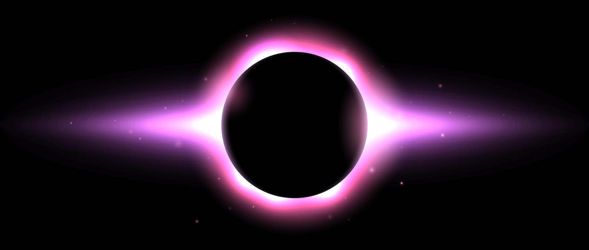 Iridescent round aura eclipse. Pink purple planet glow background. Sun or moon total eclipse in dark space. Star aurora flare with sparks and sparkles effects. vector