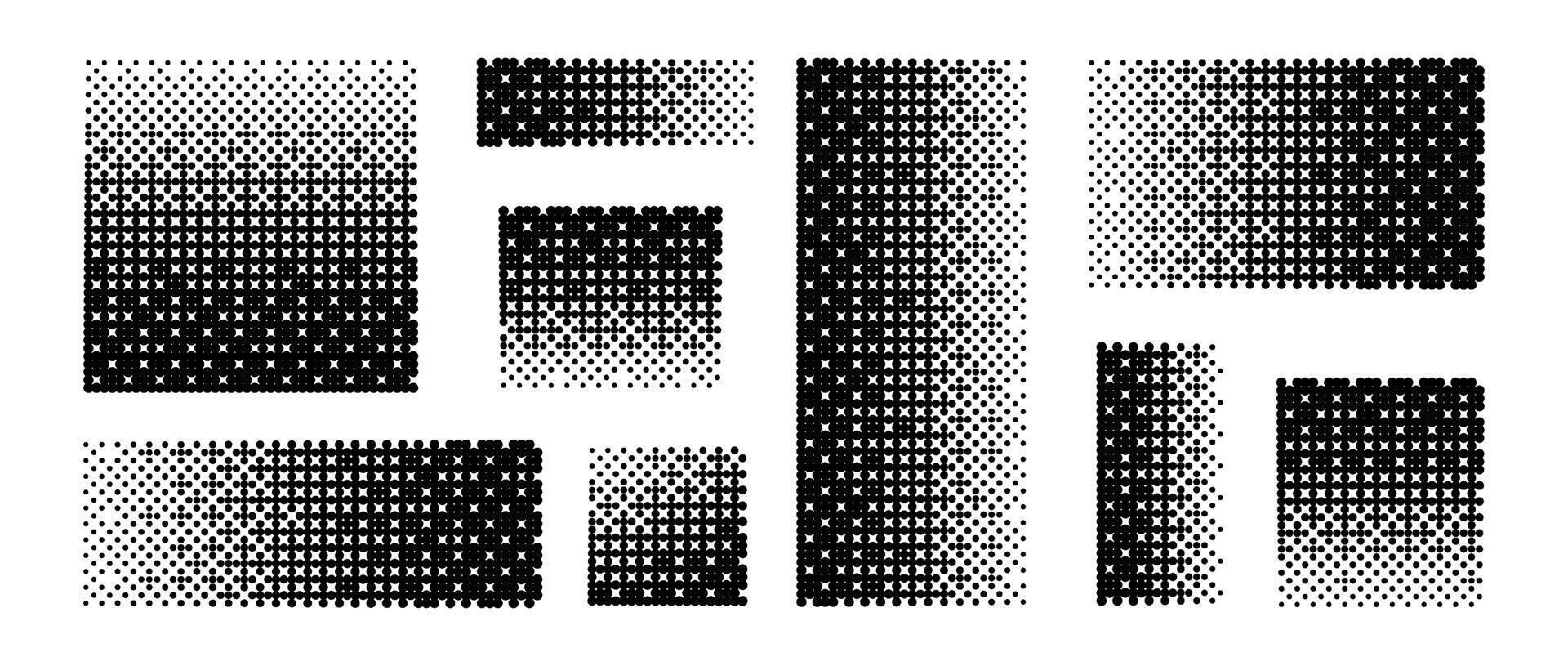 Pixelated gradient set. Dither element collection. Dissolving halftone square and rectangular shapes. Black and white disintegration dispersion or destruction effect. Dotted pattern texture vector