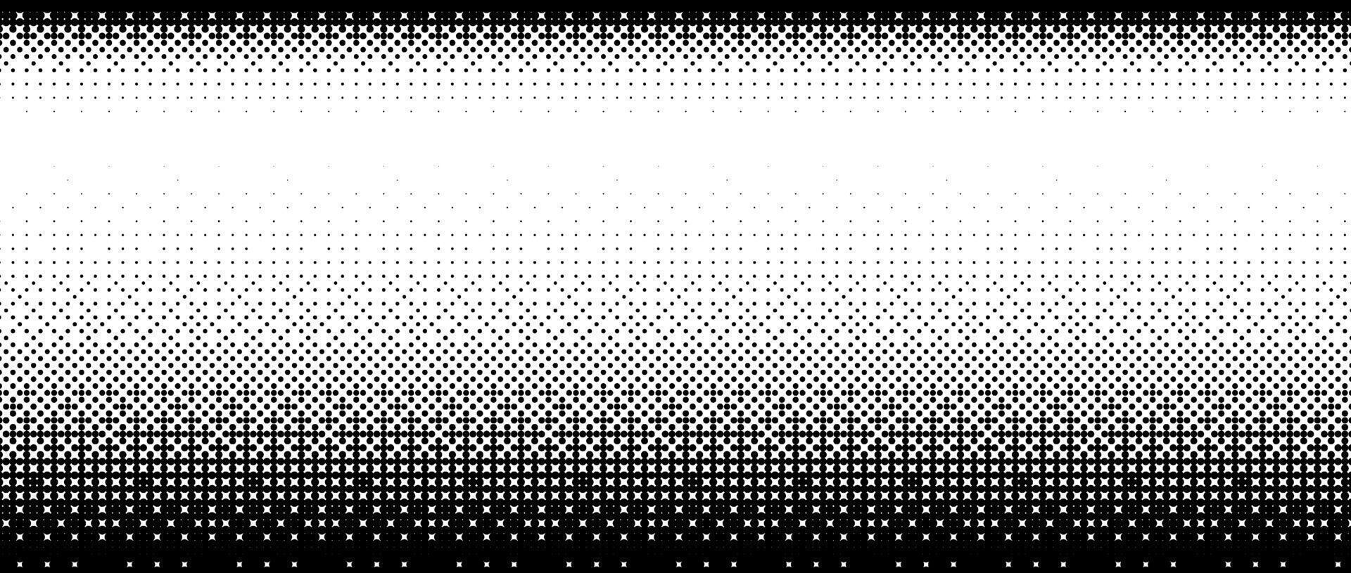 Pixelated bitmap gradient texture. Black and white dither pattern background. 8 bit game screen wallpaper. Retro glitchy pixel art illustration. Abstract wide border vector
