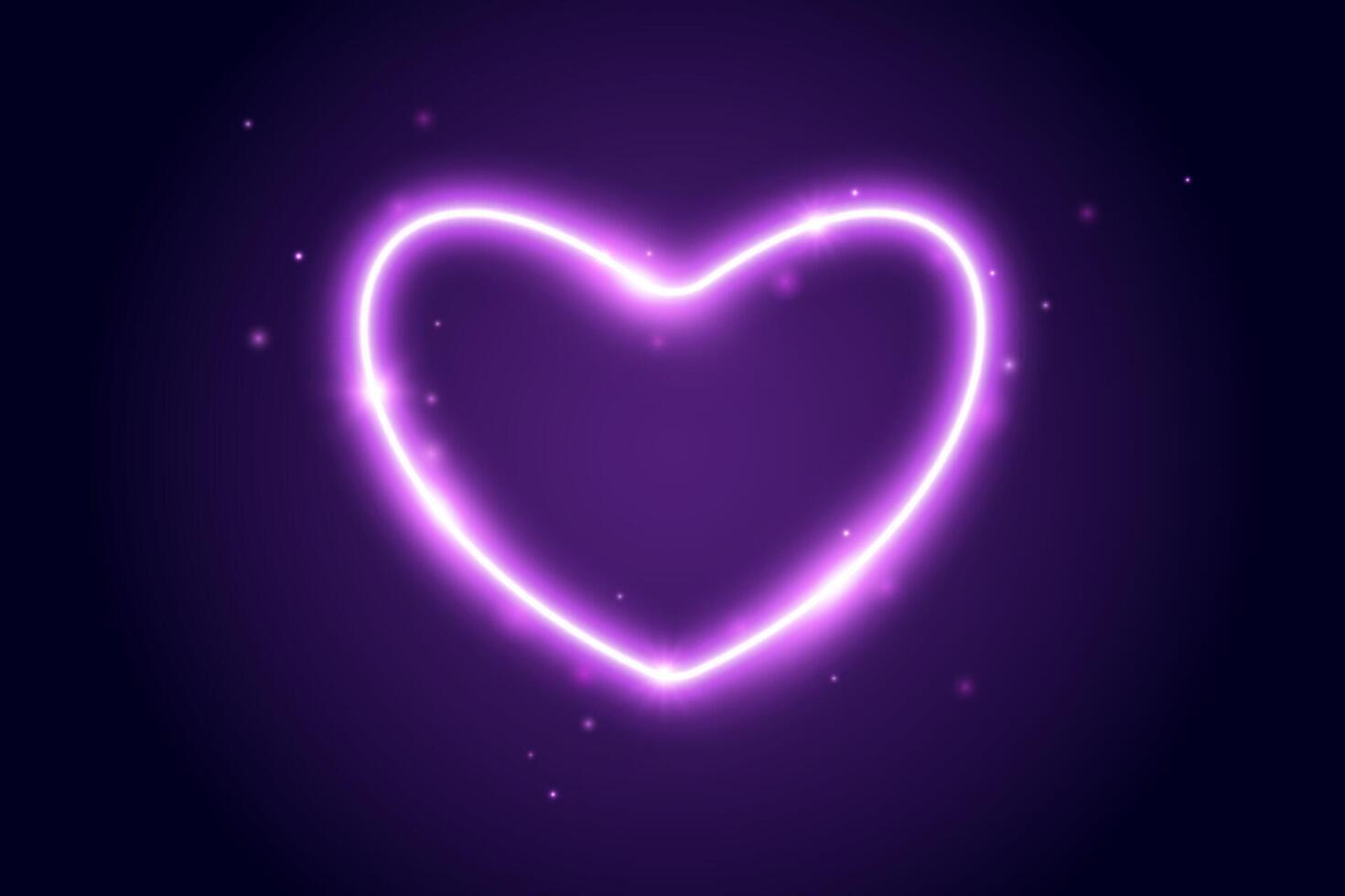 Neon glow heart frame. Illuminated purple heart-shaped shape with sparks. Neon color lighting design element for banner, poster, collage, template. Shining sign with sparkles. vector
