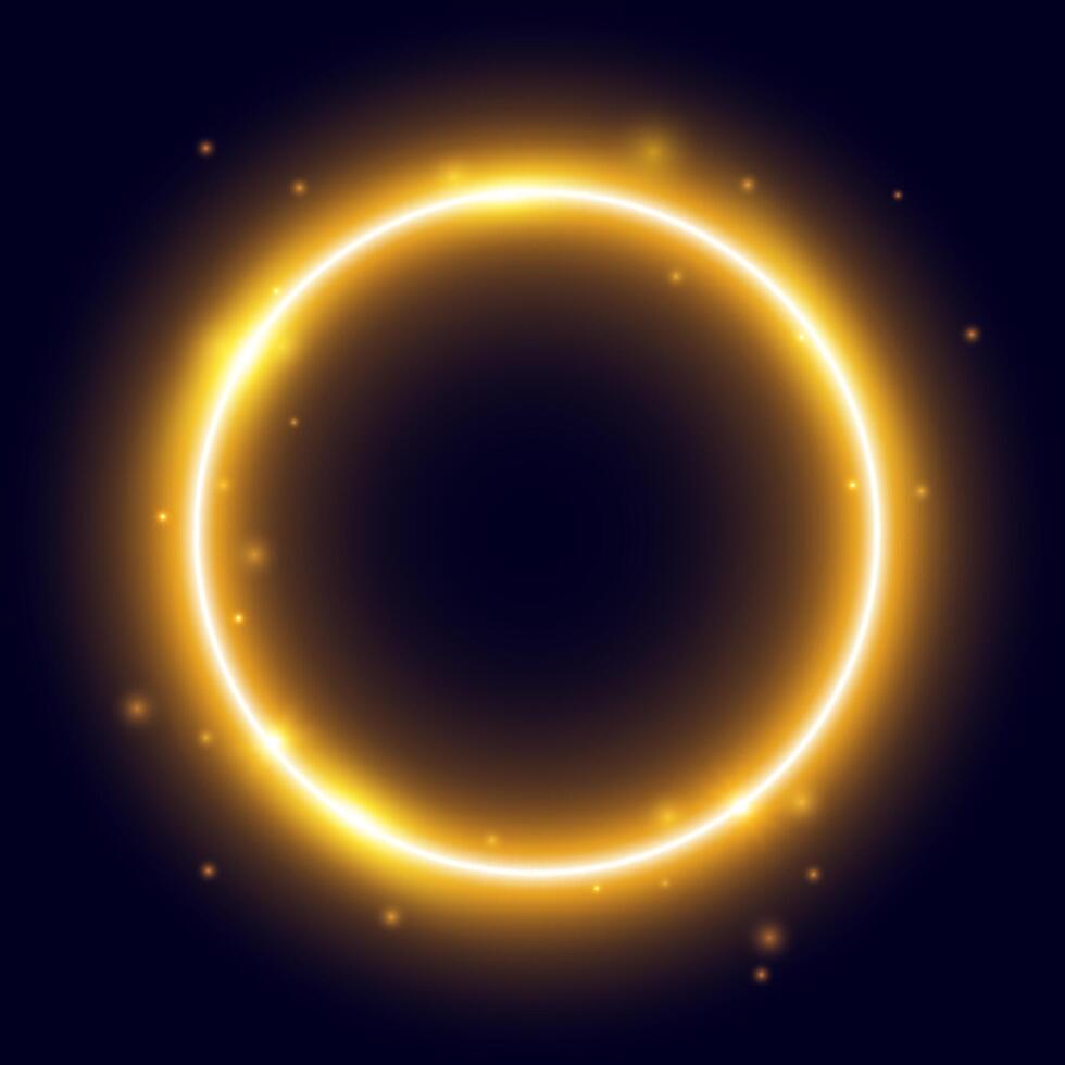 Yellow glowing circle frame with sparks. Warm orange electric lights round form. Illuminated shining design element for banner, poster, cover. Circular radial flare with sparkles. vector