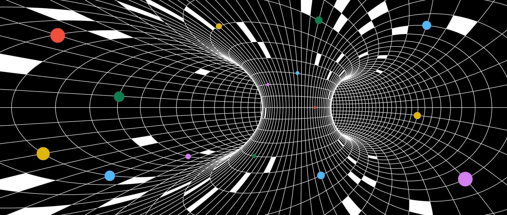 Abstract tunnel wireframe structure. Colorful geometric universe or space grid wallpaper. Futuristic energy lines on dark background. Funnel or vortex texture for banner or poster. vector