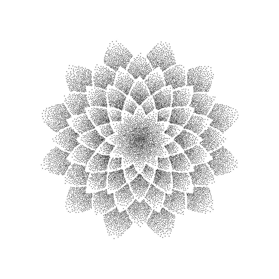Stipple flower background. Dotted mandala ornament. Noise grain flower shape. Abstract black floral petals decoration. Radial dotwork pattern design for poster, clothes, badge, sticker. vector