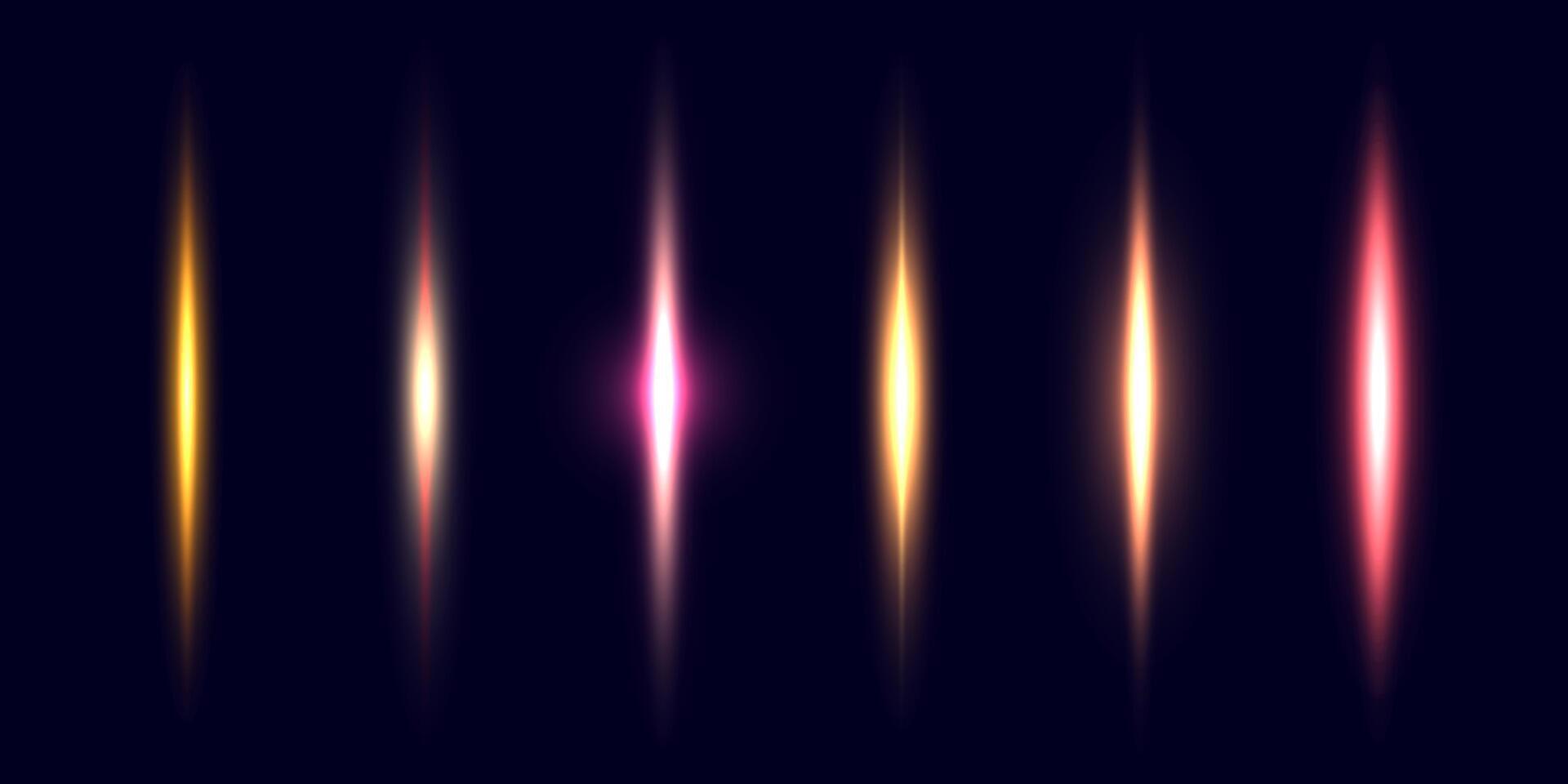 Neon divider lines set. Glowing vertical stripes collection. Fluorescent electric light sticks pack. Shining laser beams LED effect bundle. Pink, yellow, red elements for poster, banner, cover vector