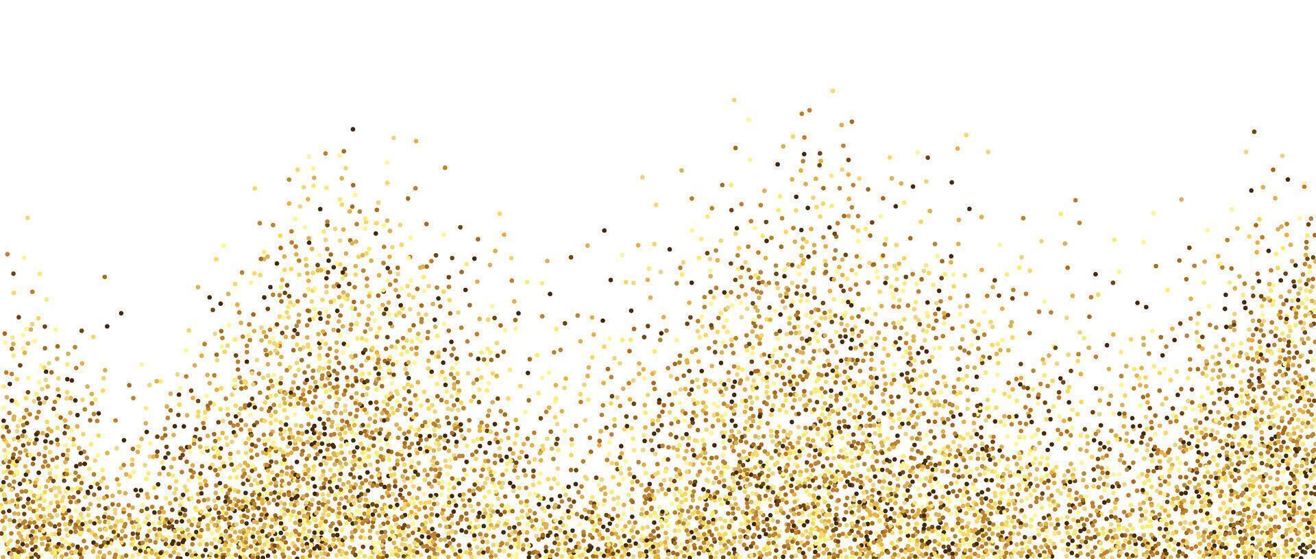 Golden glitter background. Sparkling small confetti wallpaper. Splashed gold dots texture. Border frame design. Christmas, New year, birthday decoration elements for posters, flyer, invitation. vector