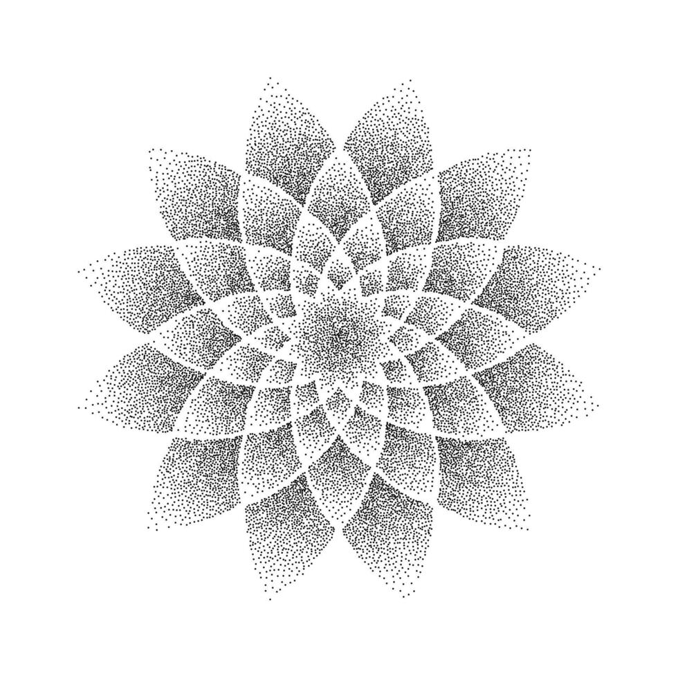 Stipple flower background. Dotted ornament mandala. Noise grain star shape. Abstract black floral petals decoration. Radial dotwork pattern design for tattoo, poster, clothes, badge, sticker. vector