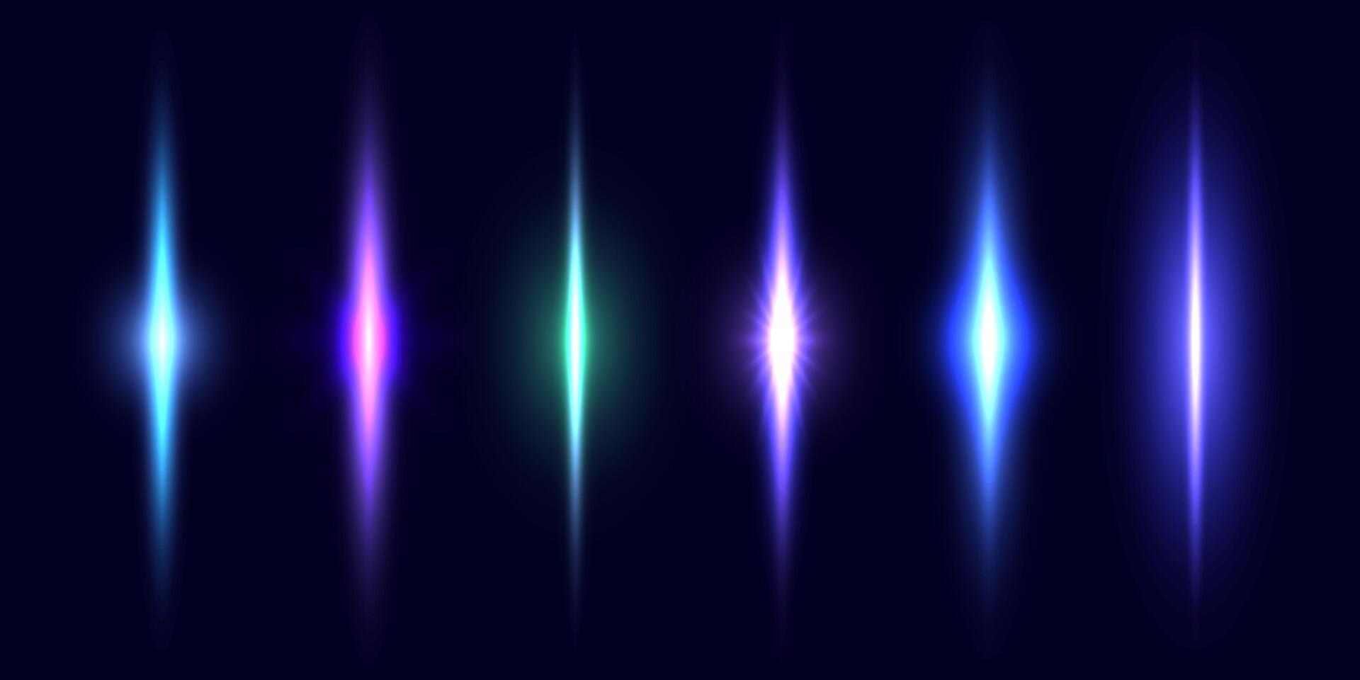 Neon divider line set. Glowing vertical stripes collection. Fluorescent electric light sticks pack. Shining laser beams LED effect bundle. Blue, purple, green elements for poster, banner, cover vector