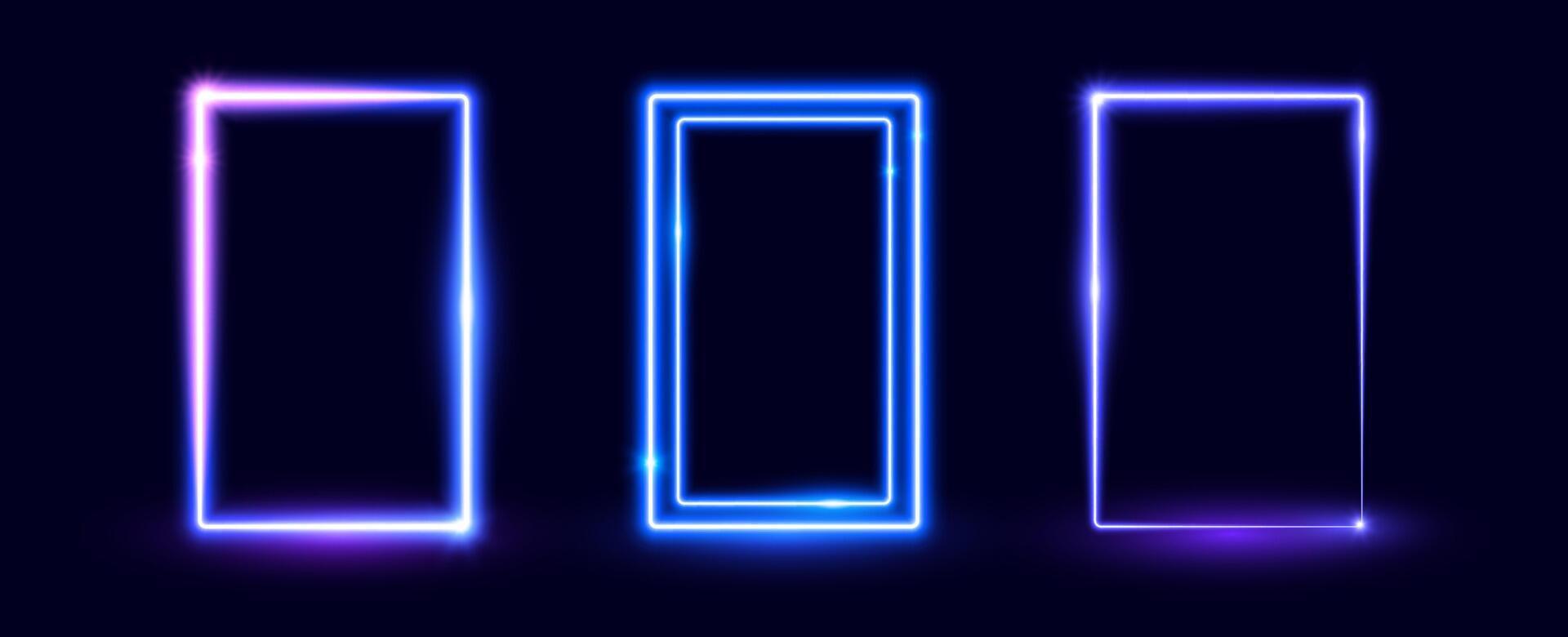 Neon glowing rectangular door set. Blue purple shining rectangle border. Electric light frame collection. Illuminated wide violet design element for banner, poster, collage, cover. vector
