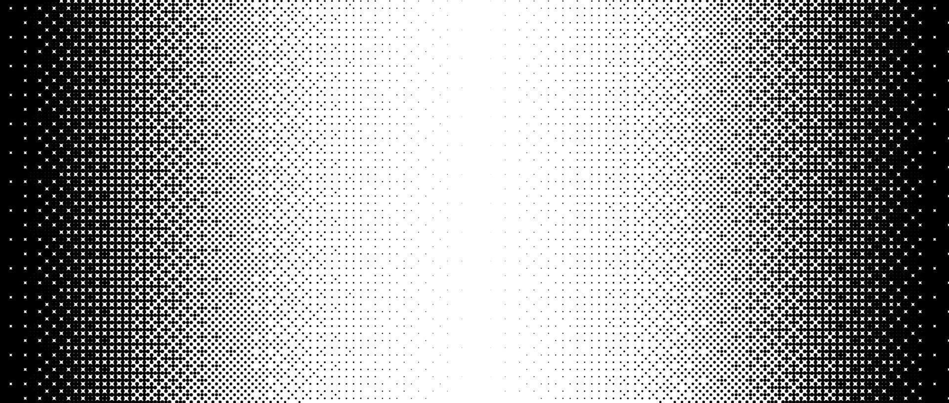 Pixelated bitmap gradient texture. Black and white dither pattern background. Abstract glitchy pattern. 8 bit game screen wallpaper. Pixel art retro Illustration. Wide border vector