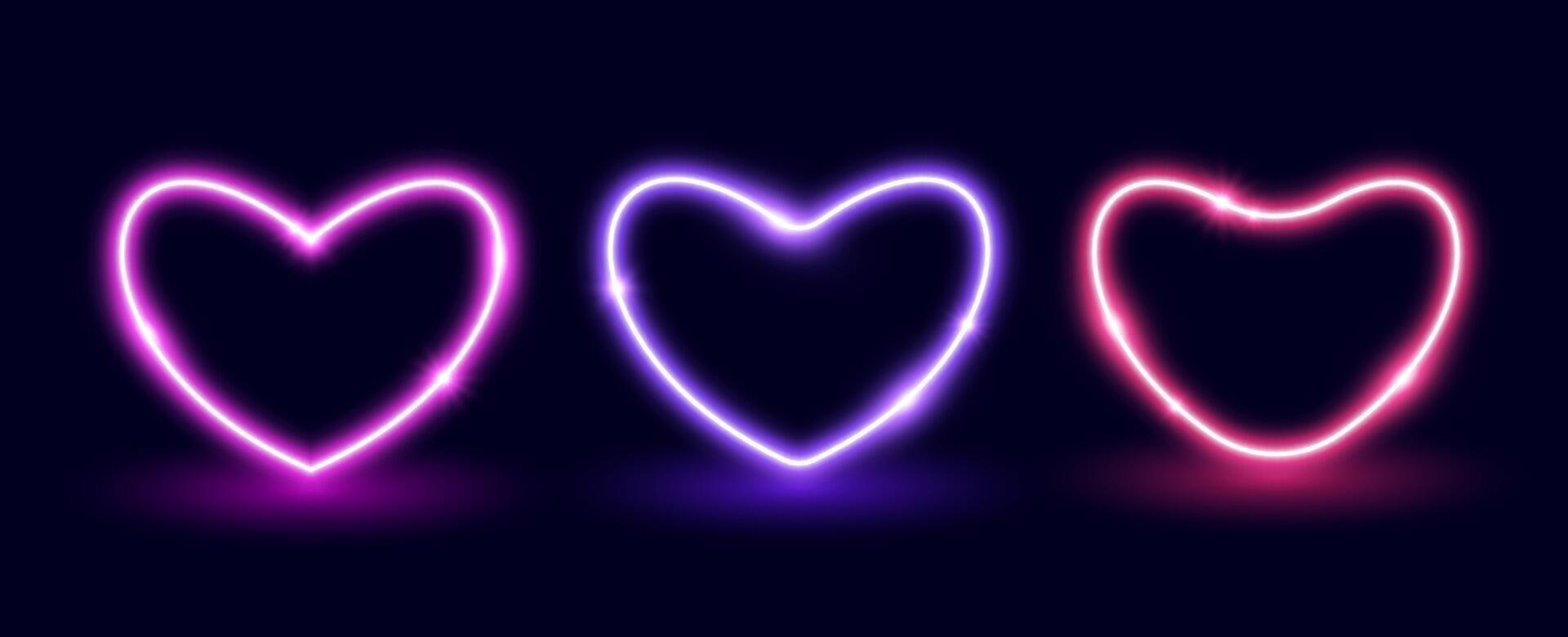 Neon glow heart frame set. Illuminated colorful heart-shaped sign collection. Neon color lighting design elements for banner, poster, collage. Shining signs illustration pack vector