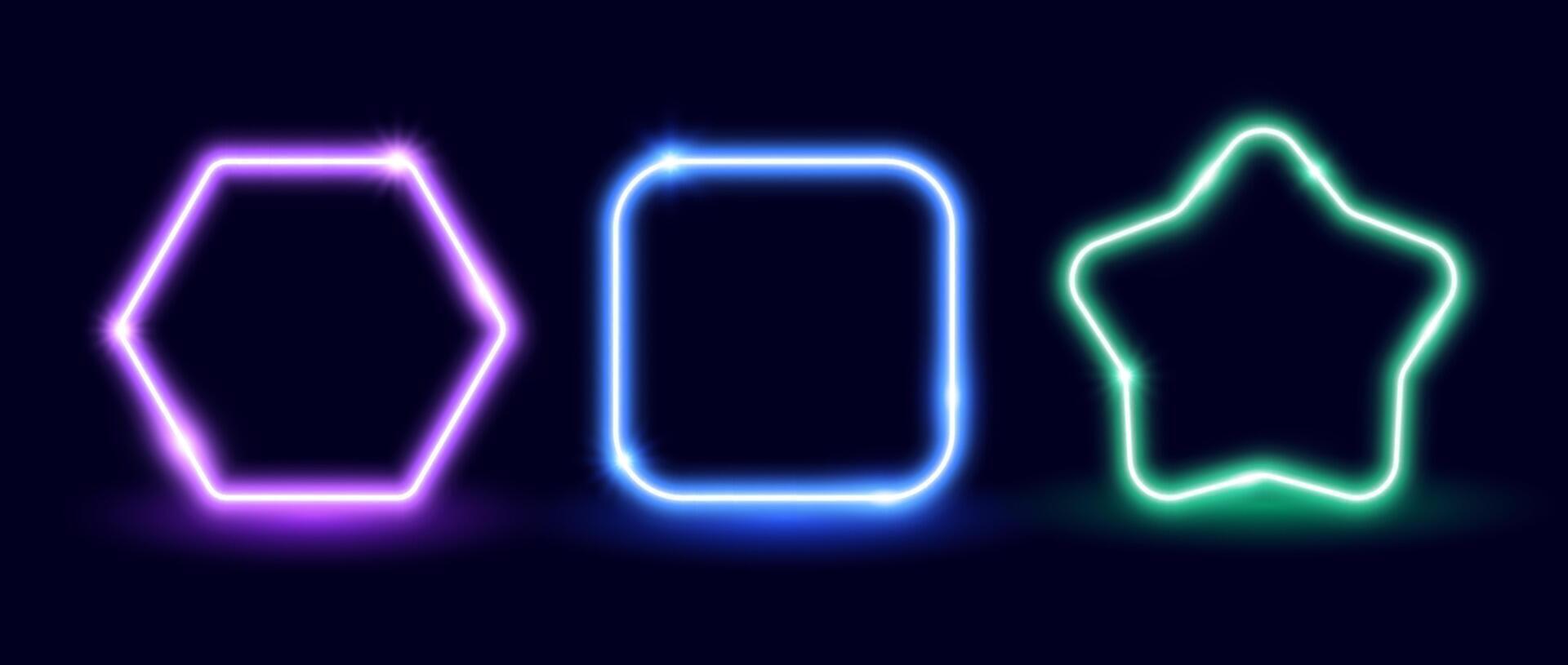 Neon colorful glow frame set. Illuminated star, square, hexagon shapes collection. Neon lighting design elements for banner, poster, collage, template. Shining signs illustration pack vector