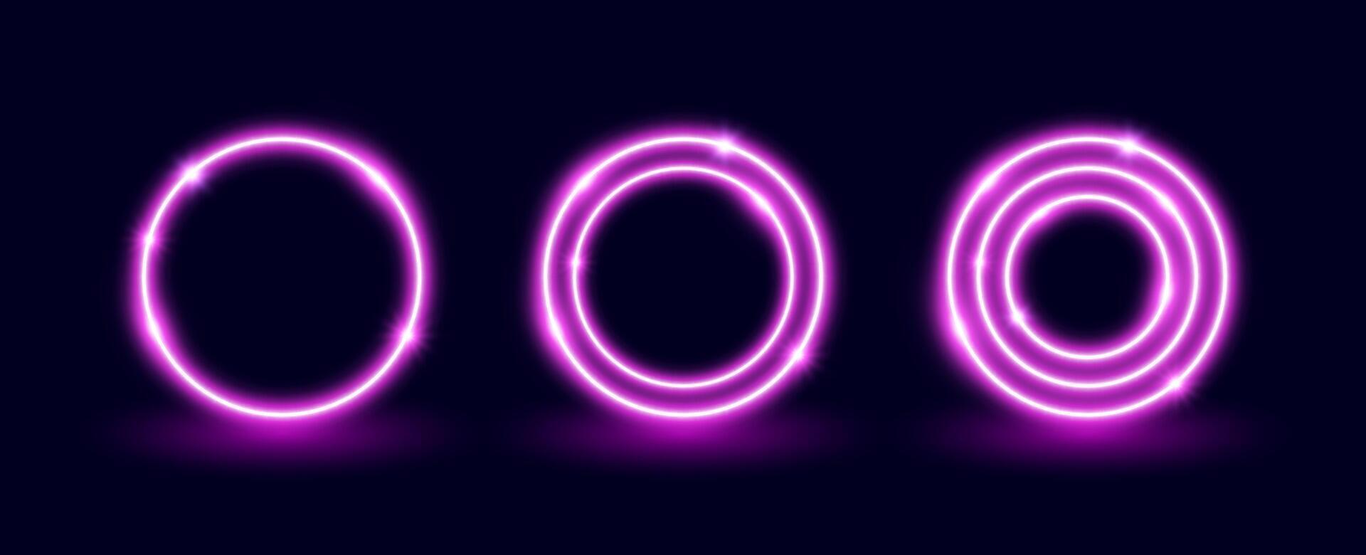 Neon pink circle frames set. Illuminated glowing round shapes collection. Neon color lighting design elements for banner, poster, collage. Shining signs illustration pack vector