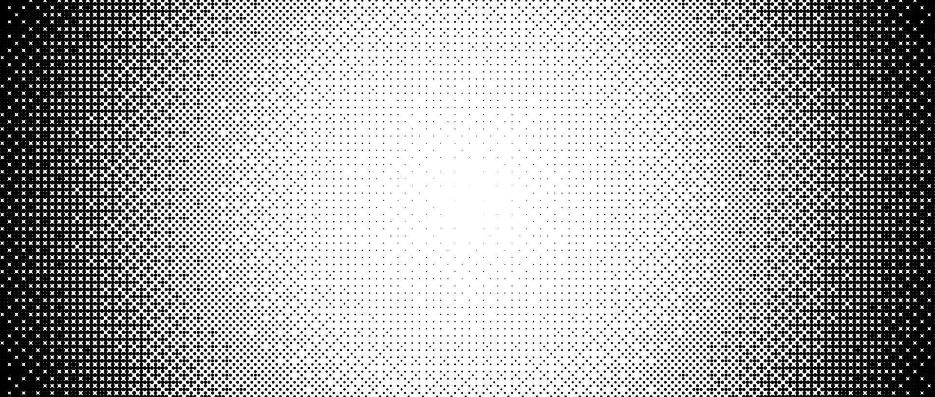 Pixelated radial gradient texture. Black and white bitmap dither central pattern background. Abstract fade glitchy pattern. game screen wallpaper. Retro pixel art. Halftone wide border vector