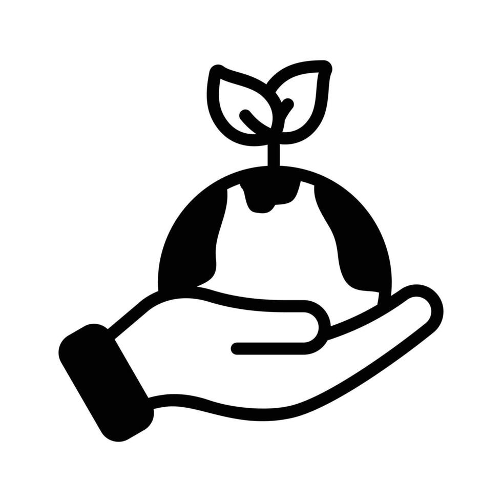 Hand with earth and leaves denoting environmental care concept, glyph icon. vector