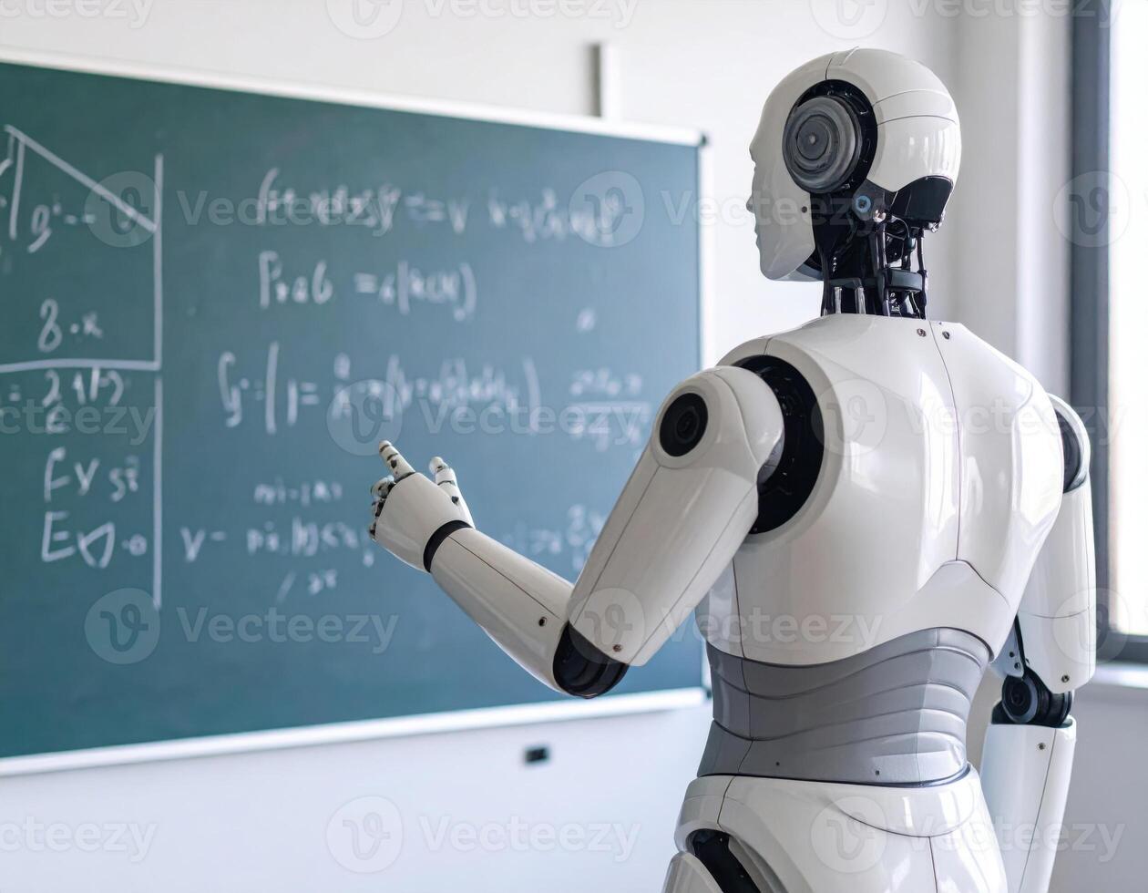 Humanoid robot teacher pointing at mathematical equations on classroom blackboard in modern educational setting photo