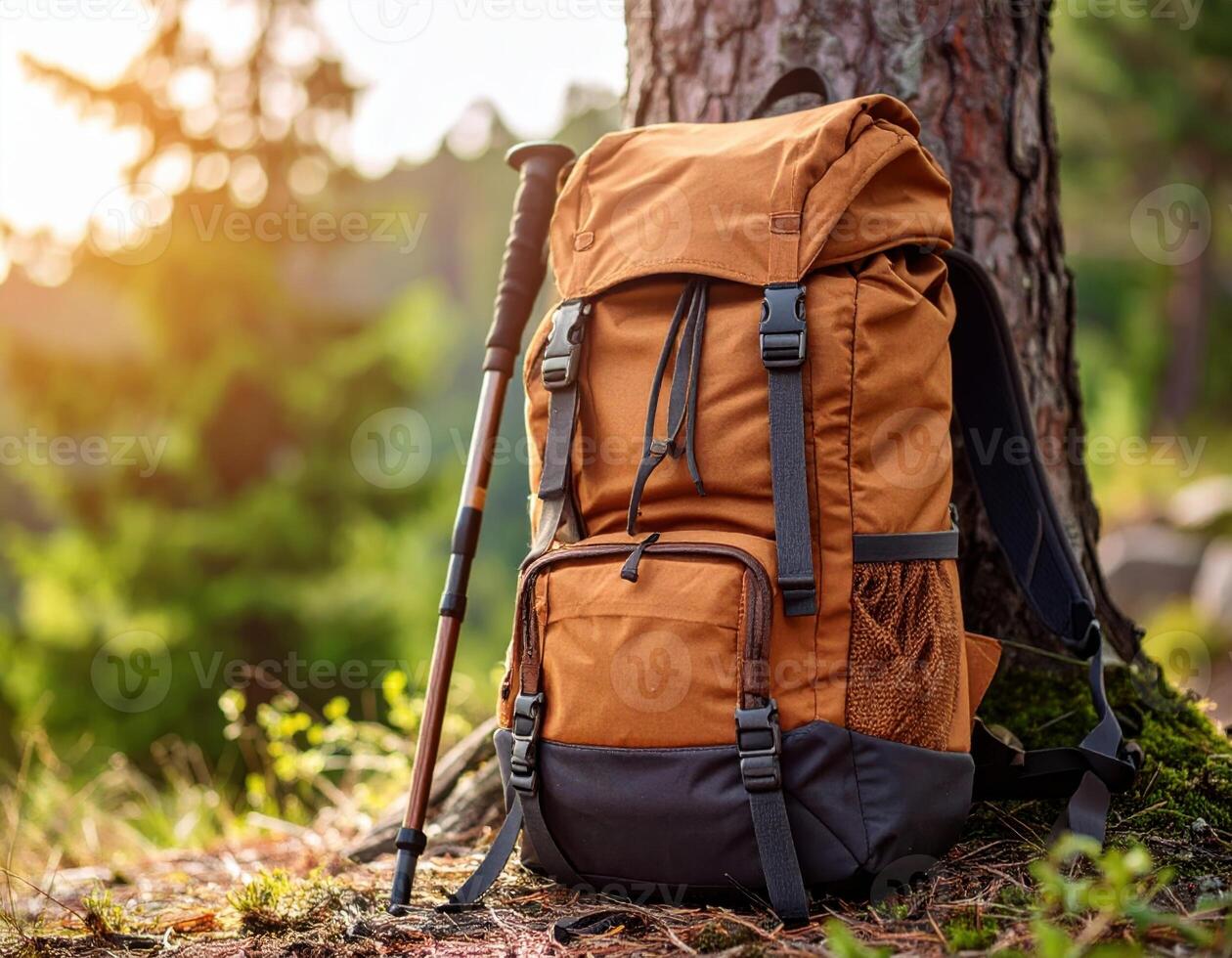 Orange hiking backpack with trekking poles resting against tree trunk in forest, showcasing outdoor adventure gear and wilderness exploration equipment. photo