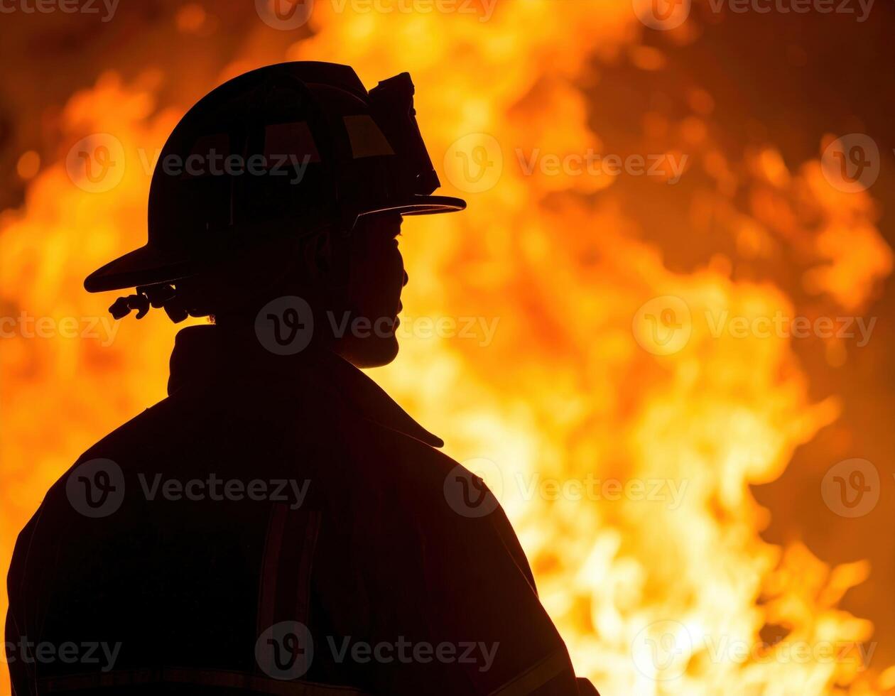 A dramatic silhouette of a firefighter in profile stands resolutely against a powerful backdrop of raging, vibrant flames, conveying heroism and danger. photo