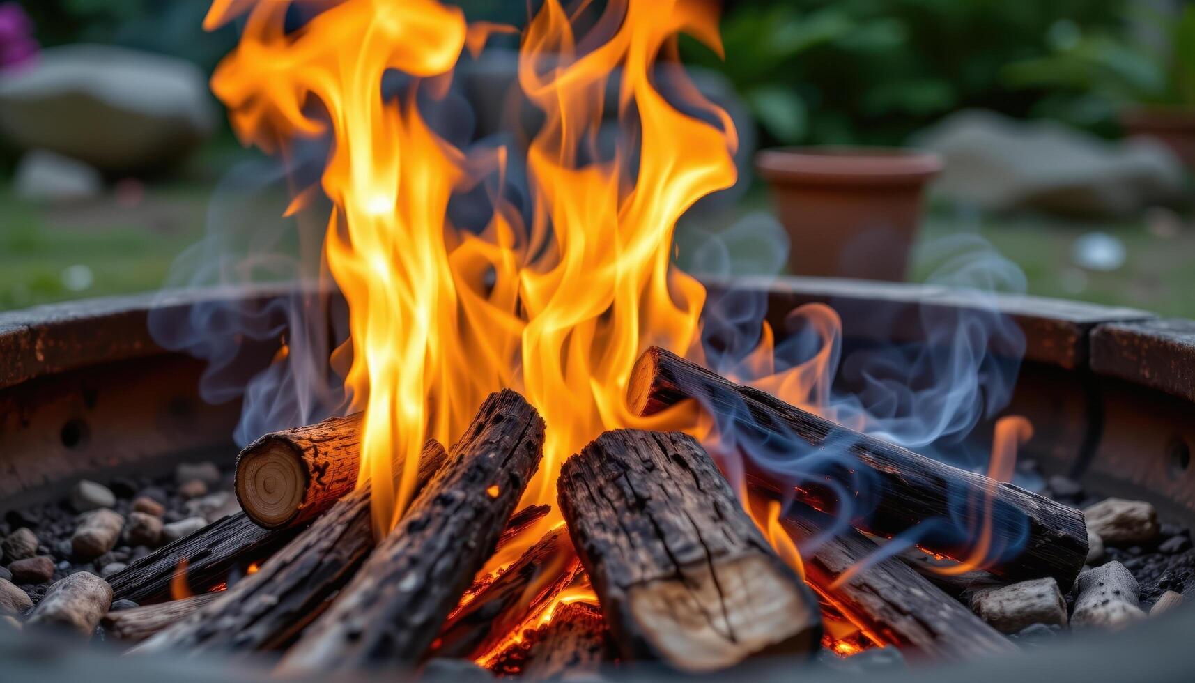 close up view of a roaring blaze shooting up from a pile of logs in an outdoor fire pit, surrounded by smoky air. photo