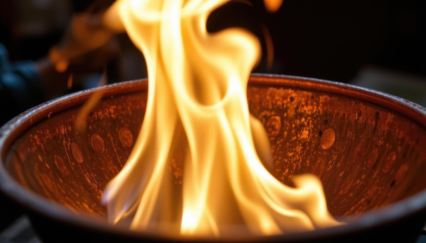 close up view of firelight dancing across the surface of a copper bowl. photo