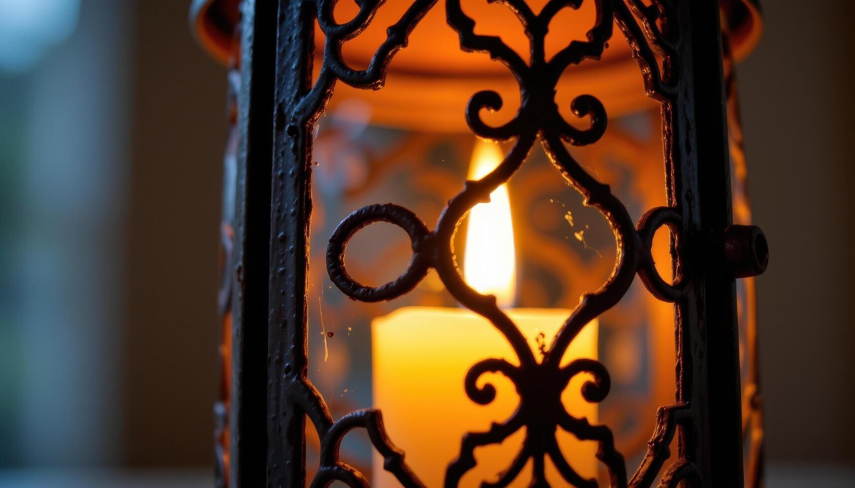 close up view of candlelight glowing through an ornate metal pattern in a lantern. photo
